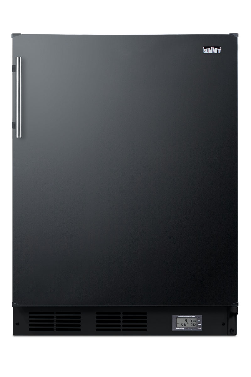 Counter height break room refrigerator-freezer in black with NIST calibrated thermometer and alarm
